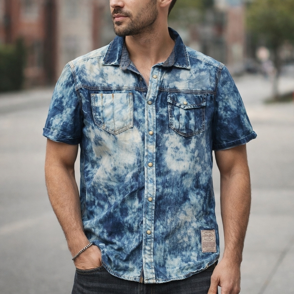 Akoo Blue Tie-Dye Denim Button Down Shirt